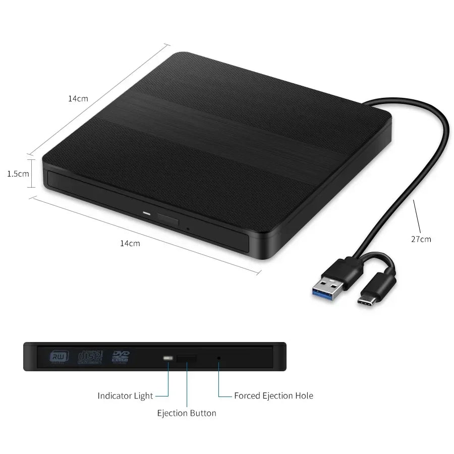 2-in-1 USB3.0 Type-C External DVD RW CD Writer Drive Burner Reader Player CD-ROM DVD-ROM Optical Drives For Laptop Desktop PC HIP black