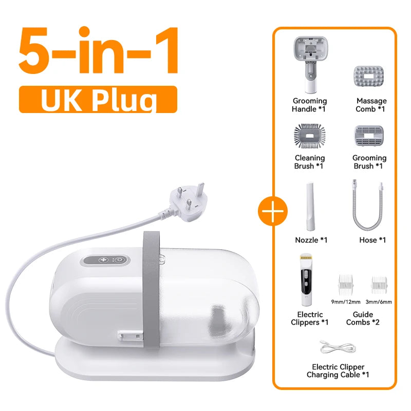ROJECO Multifunction Pet Grooming Vacuum Kit 5 IN 1 Portable Cat Vacuum Cleaner For Dog Hair Vacuum Groomer Kit with 2L Dust Cup HIP UK Plug No plug