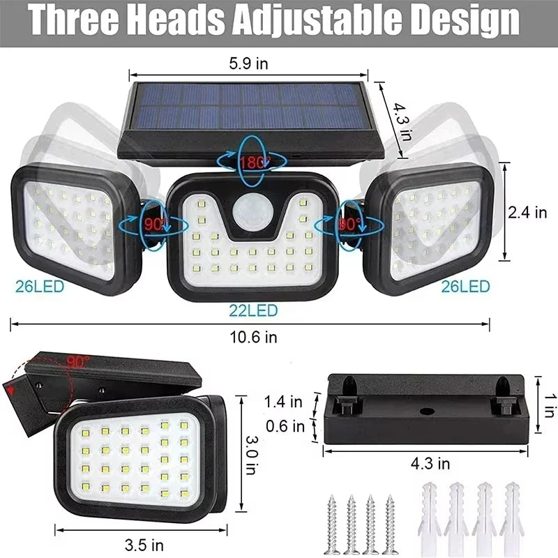 Led Solar Light Outdoor Motion Sensor Human Body Sensing Adjustable Head Ip65 Waterproof Solar Three Head Wall Lamp Garden HIP