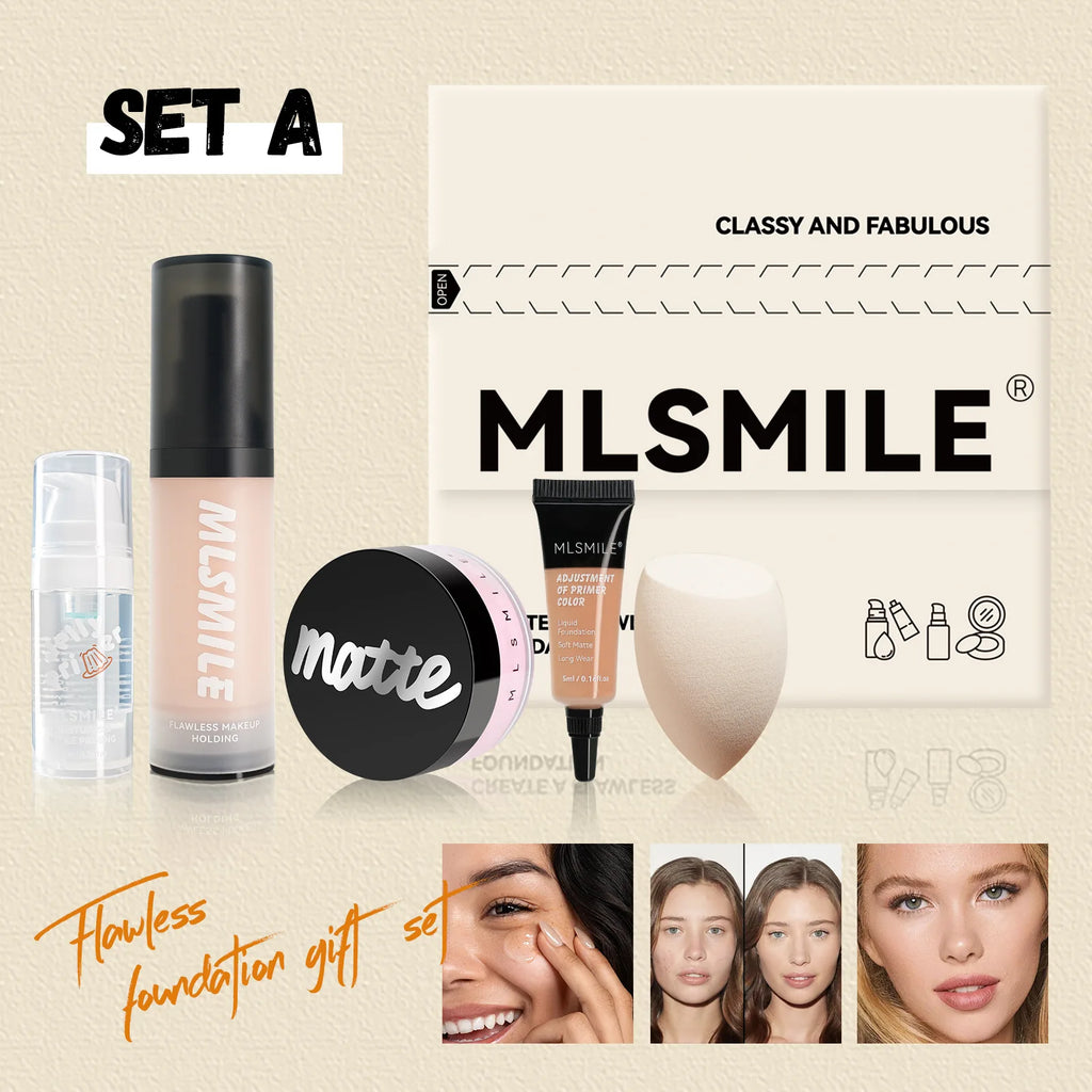MLSMILE Flawless Base Makeup Set – Foundation, Primer & Powder Face Makeup Set HIP A