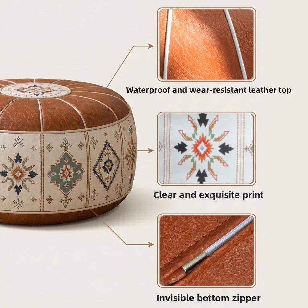 Boho PU Leather Storage Ottoman Pouf – Round Floor Seat Storage Ottoman Pouf HIP