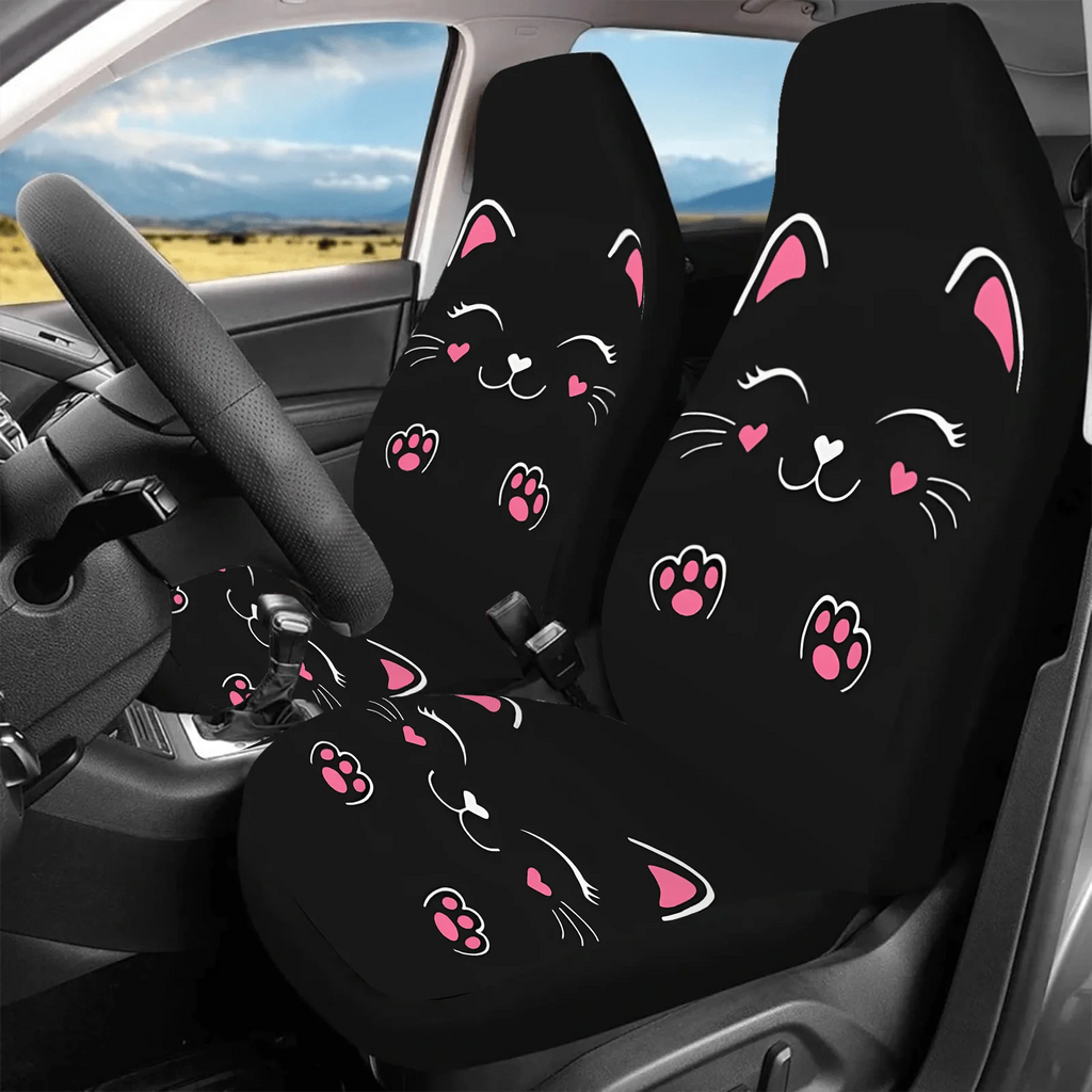 2-Pack Cat Print Car Seat Covers – Black Pink Kitten Design Car Seat Covers HIP