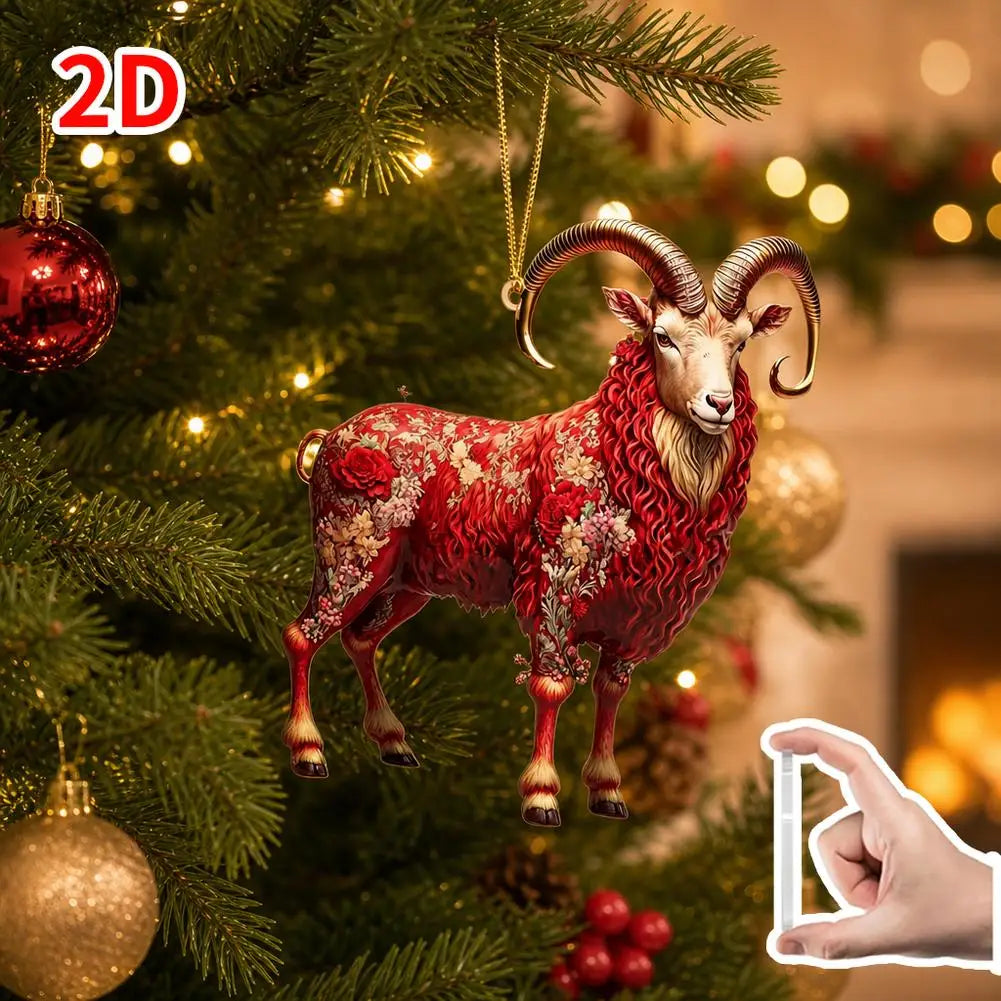 2D Flat Christmas Hanging Pendant Acrylic Red Gold Chinese Zodiac Goat Xmas Tree Hanging Ornament New Year Car Goat Pendant HIP