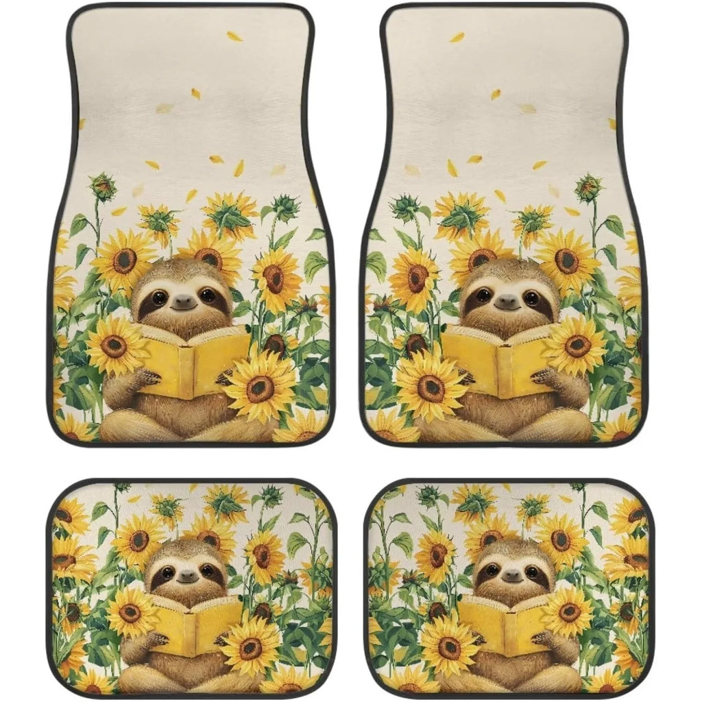 Sloth Print Car Floor Mats 4pc Set – Non-Slip Universal Fit Car Floor Mats HIP WHITE