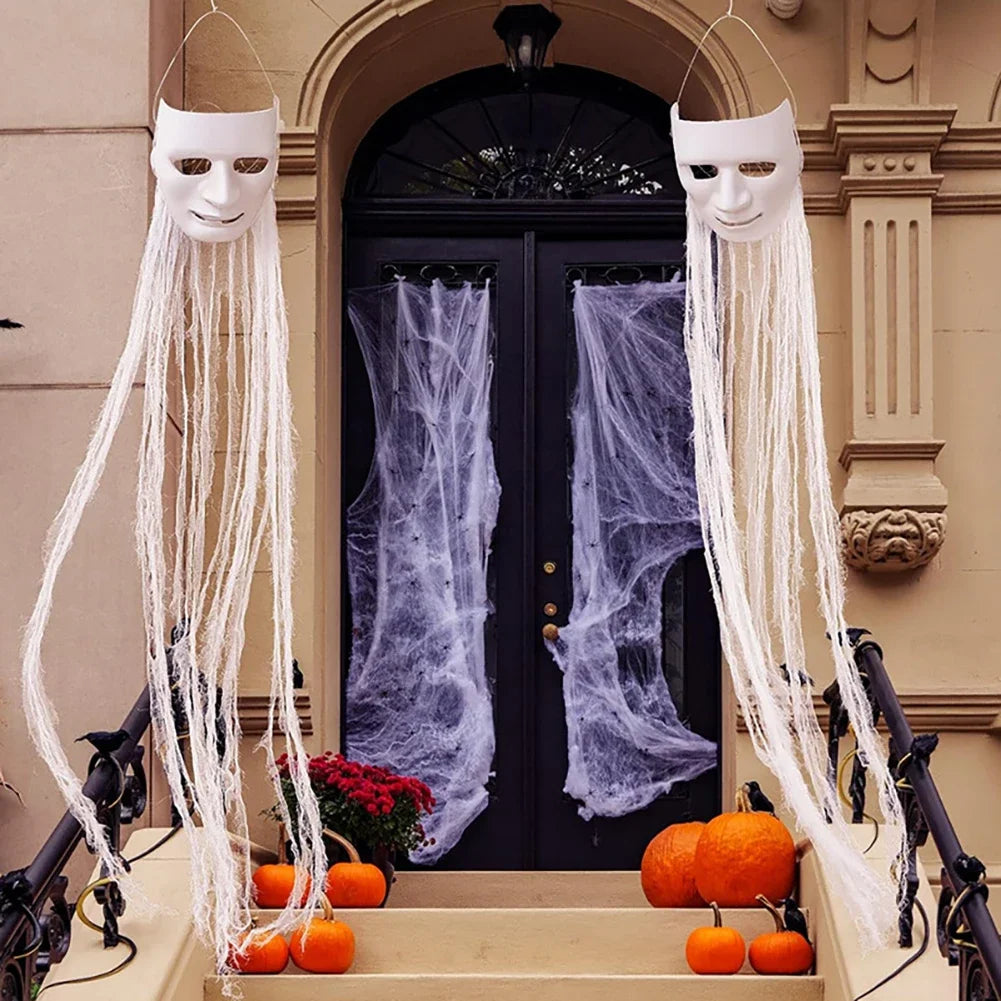 Paintable DIY Face Glowing Ghost Mask 105cm Hanging Long Hair Halloween Prop Yard Indoor Outdoor Haunted House Decor HIP