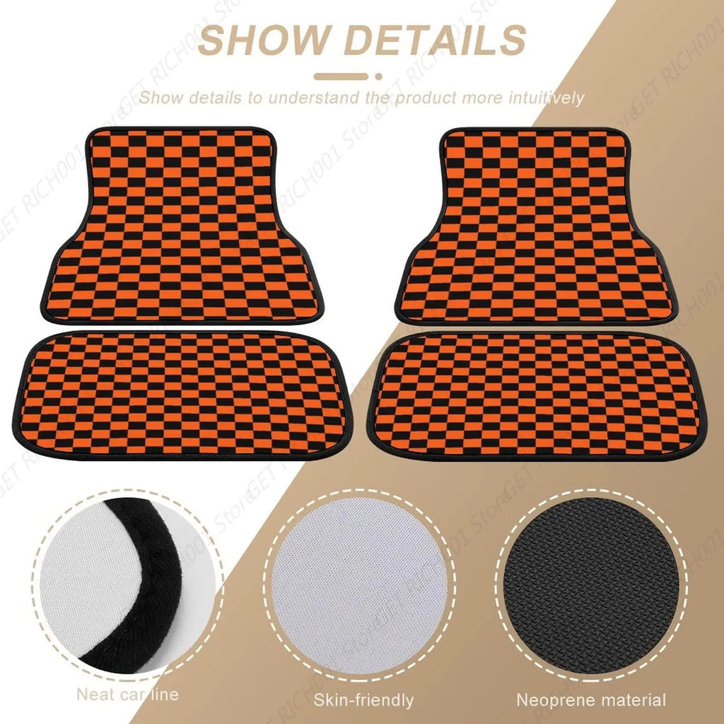 Black & Orange Checkerboard Car Floor Mats – 4 Pc Universal Car Floor Mats HIP