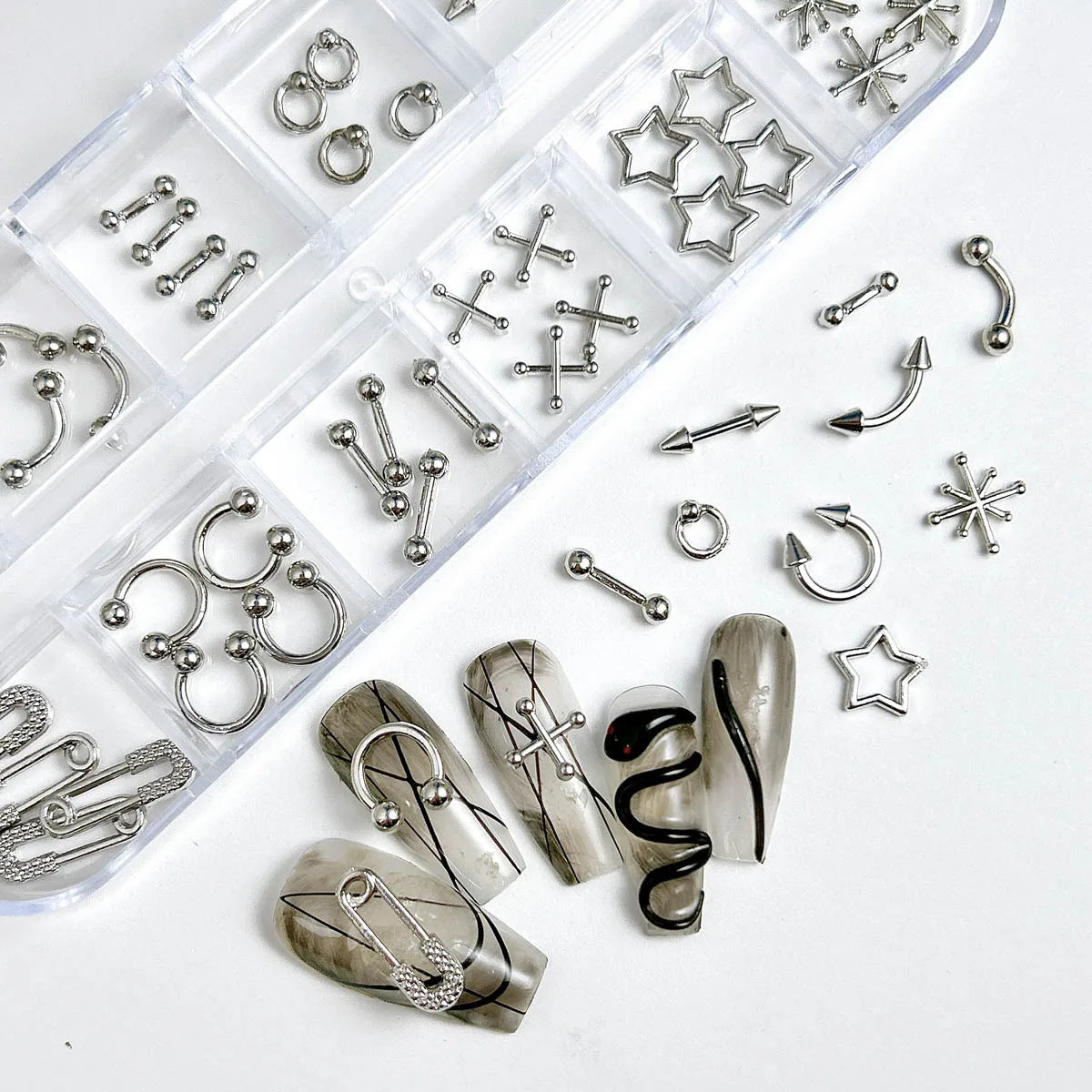 12 Grids Goth Punk Nail Charms Studs Y2K Piercing Designs Metallic Silvery Nails Art Rivets 3D Stars Alloy Nail Art Decorations HIP