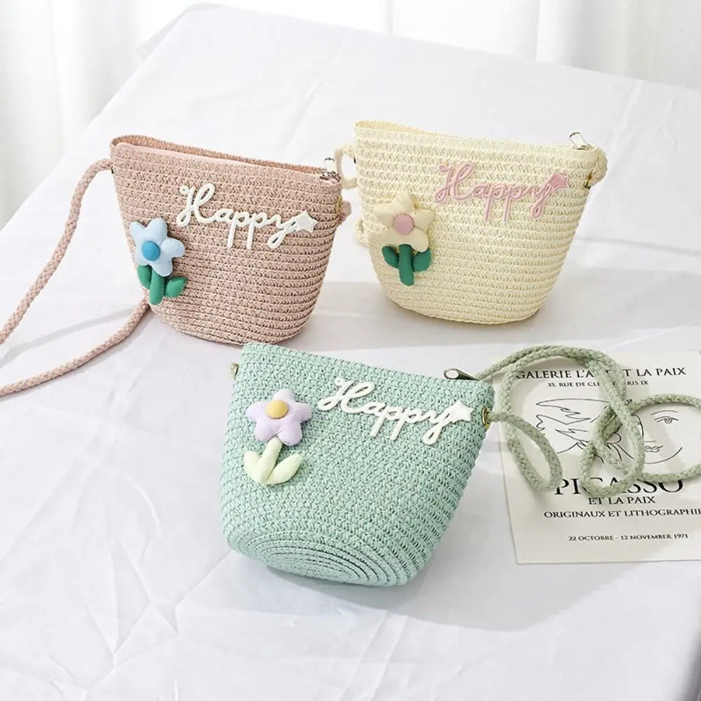 Kids Straw Bucket Crossbody Bag – Flower Mini Coin Purse Kids Crossbody Bag HIP