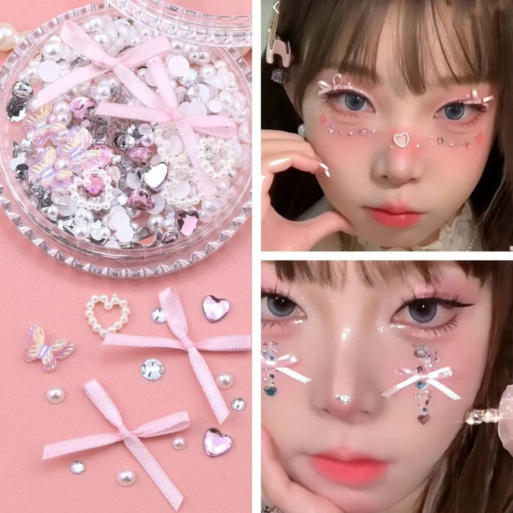 1 Box Sweet Face Jewelry Decoration Rhinestone 3D Bow Love Crystal Diamond Pearl Safe Nail Hair Accessories Festival Face Makeup HIP 148