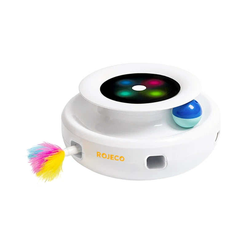 ROJECO 2 In 1 Interactive Electronic Pet Toys Smart Rolling Ball For Cats Rechargeable Feather Duster Cat Toys With Replacement HIP White