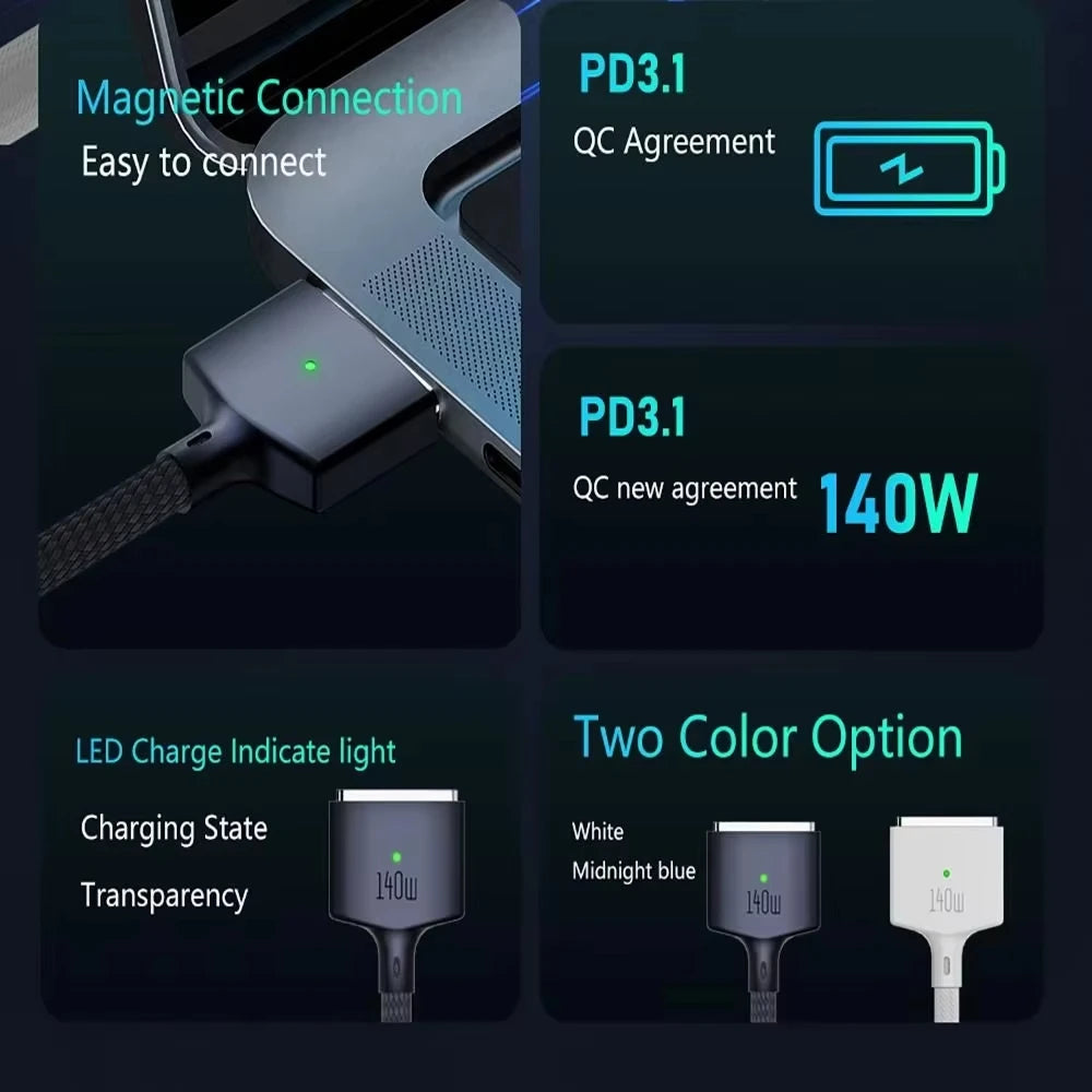 140W USB-C to MagSafe 3 Charging Cable 2M – MacBook Air/Pro Laptop Charging Cable HIP
