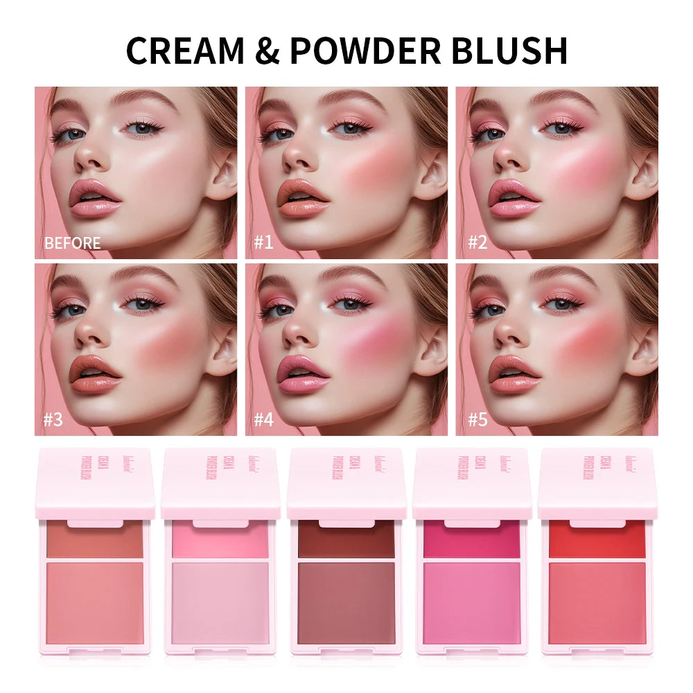Creme & Powder Blush Duo Long Wearing Matte & Dewy Finish High Pigment Pink Candy Peach Blush Palette Vibrant Orange Red Blush HIP