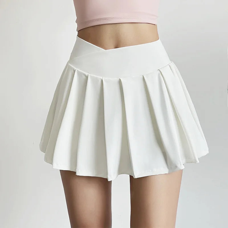 Sports short skirt women summer anti-walk yoga pants running fitness clothes quick dry breathable high waist pleated skirt HIP white M