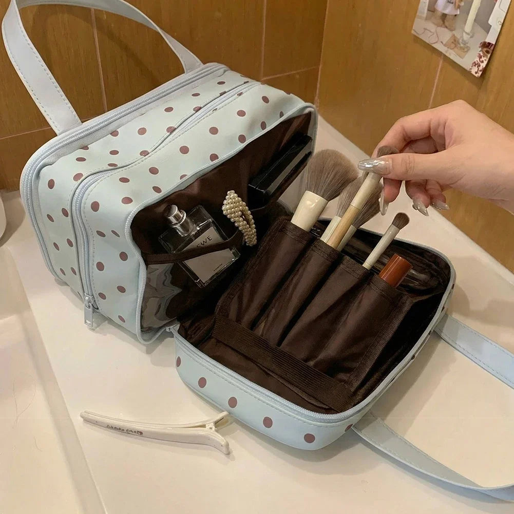 Makeup Bag Large Capacity Cute PU Polka Dot Waterproof Toilet Bags Portable Travel Multi Zone Cosmetic Storage Handbags HIP
