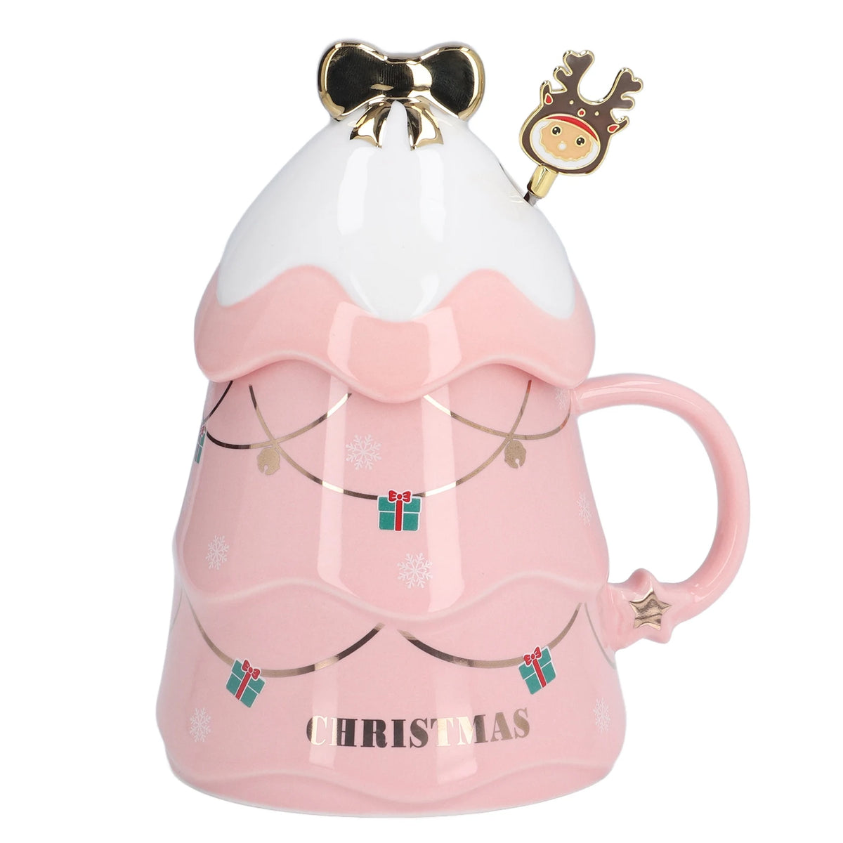 500ml Large Capacity Christmas Cup Ceramic Tea Milk Cup Coffee Mug with Lid Spoon for Home Holiday Gifts Ceramic Cup Coffee Cup HIP Pink 401-500ml