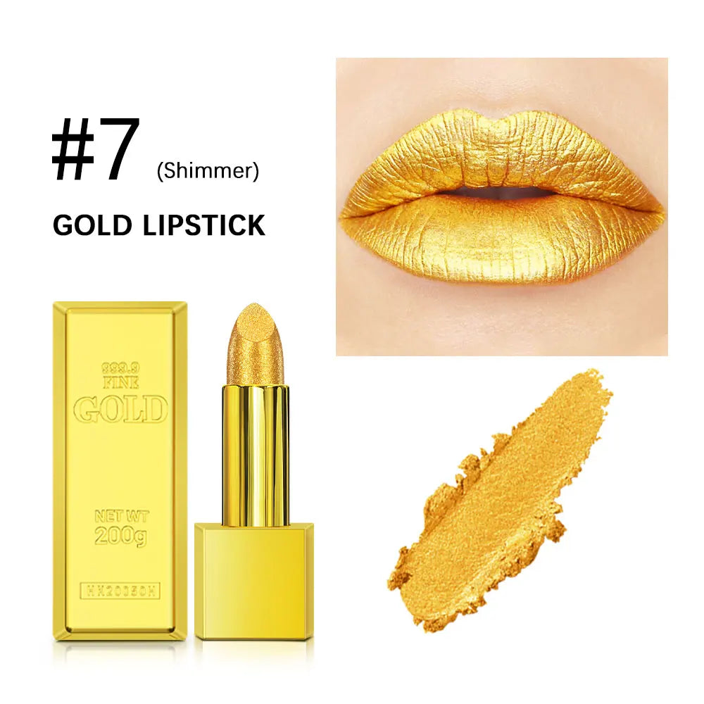 Shimmer Gold Lipstick Metallic Glitter Sexy Lipsticks Long Lasting Batom Waterproof Cosmetic Gold Brick Tube Design Gift 3.5g HIP color 7