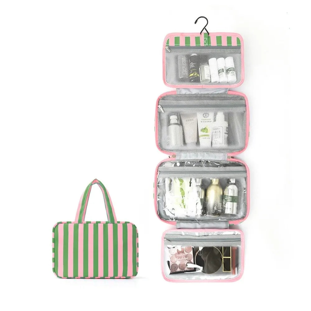 4-Fold Hanging Travel Toiletry Bag – Striped Cosmetic Organizer Cosmetic Travel Bag HIP Green Pink