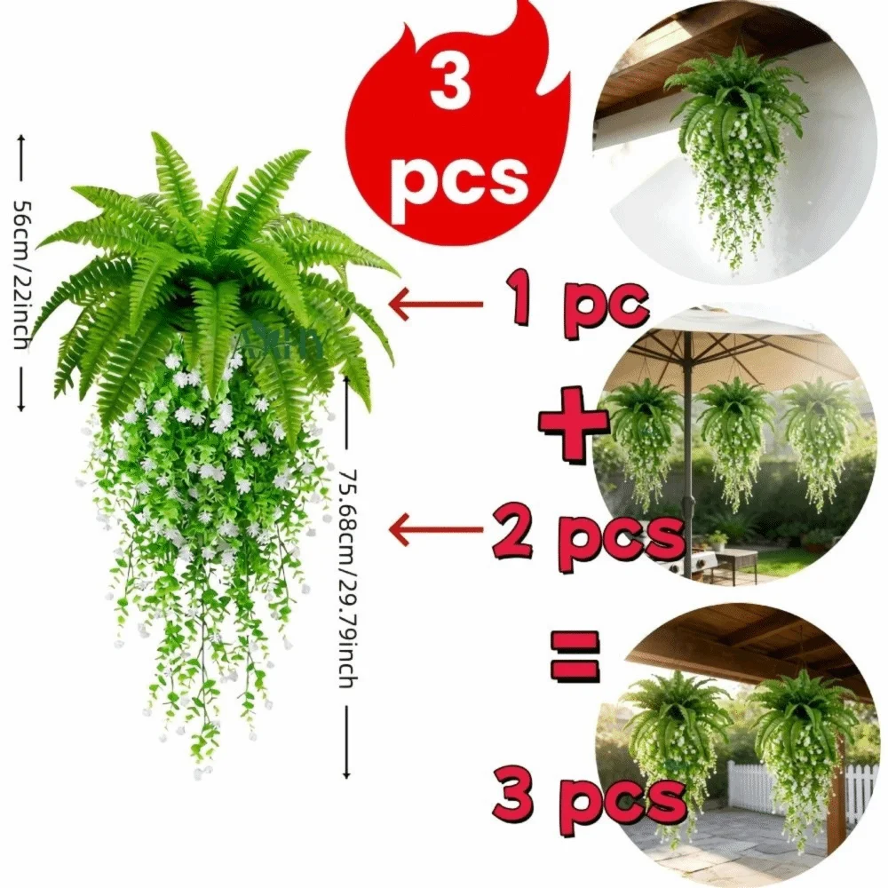 3-Piece UV Resistant Artificial Hanging Fern Vines Set Artificial Hanging Plant HIP