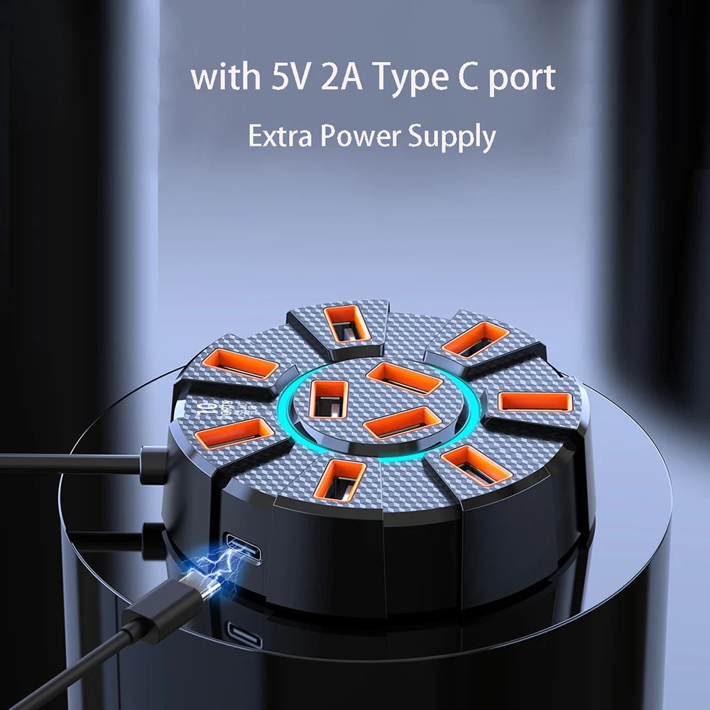 10-Port USB 2.0 Hub RGB Backlight 1.2m Cable | OULLX USB Hub HIP
