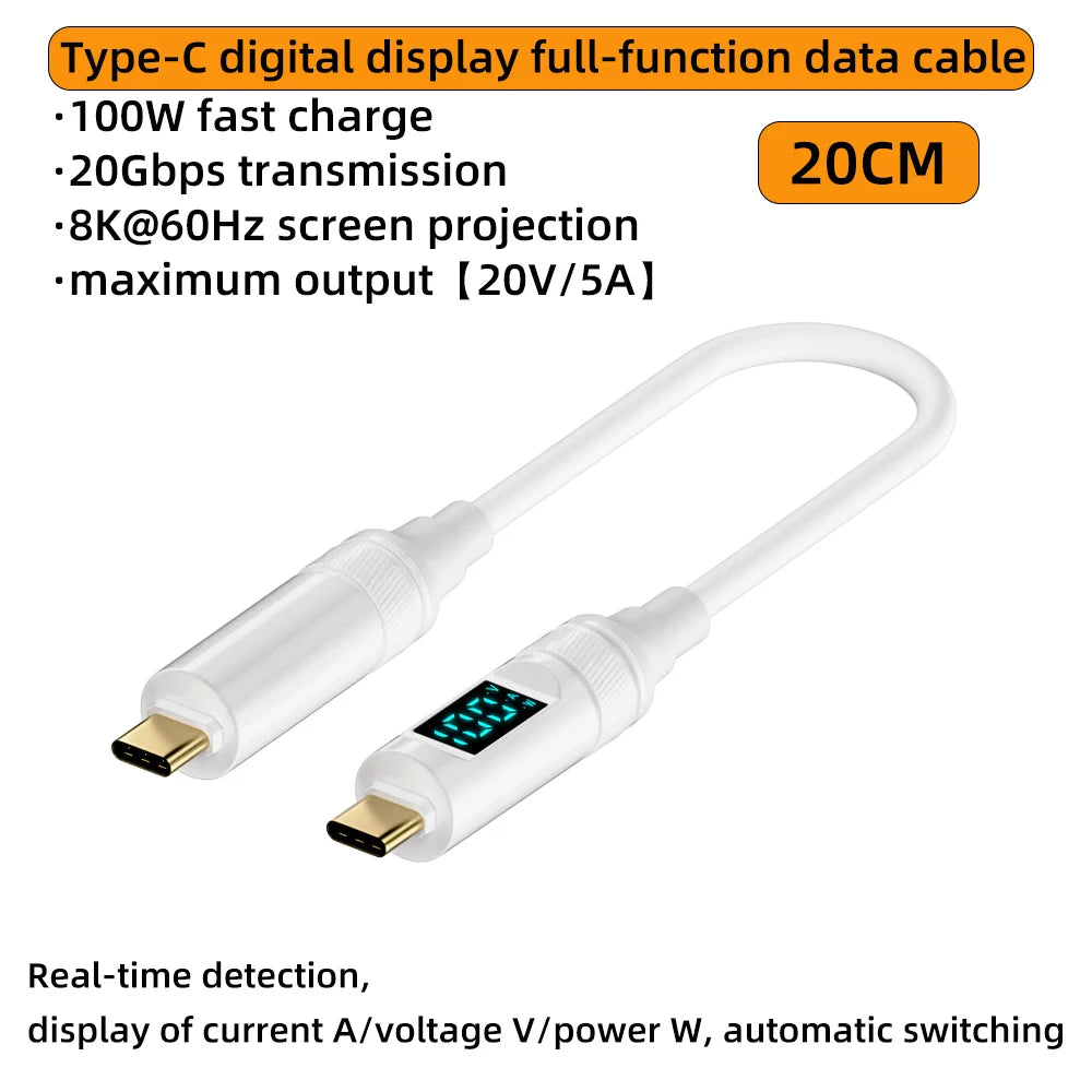 LED Display USB-C Cable 100W 10Gbps 2m – Fast Charge & Data USB-C Charging Cable HIP White 20CM As the picture says