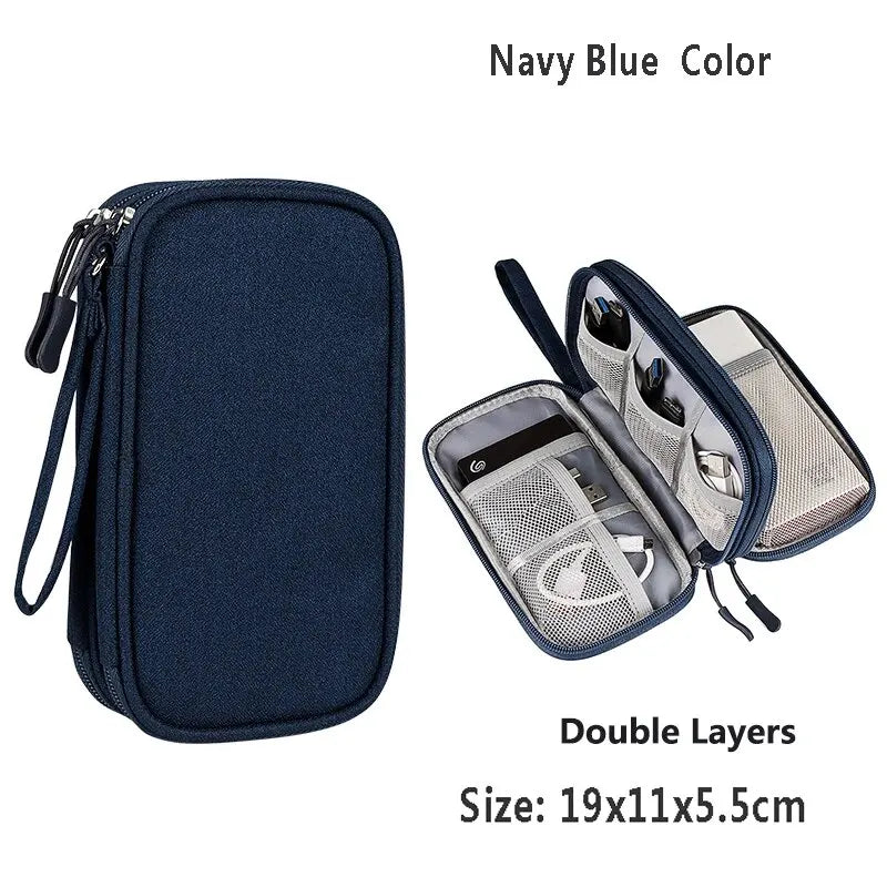 Waterproof Nylon Cable Organizer Bag for Travel & Office Cable Organizer Bag HIP Navy Double layer