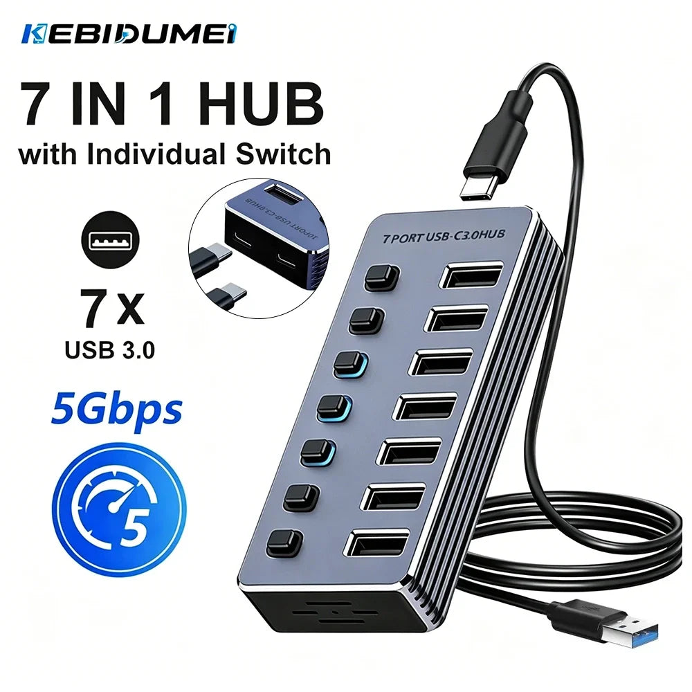 7-Port USB 3.0 Hub – Aluminum, Individual Switches, 5Gbps USB Hub HIP