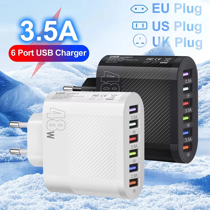 48W 6-Port USB Fast Charger – Quick Charge US & EU Plug USB Wall Charger HIP