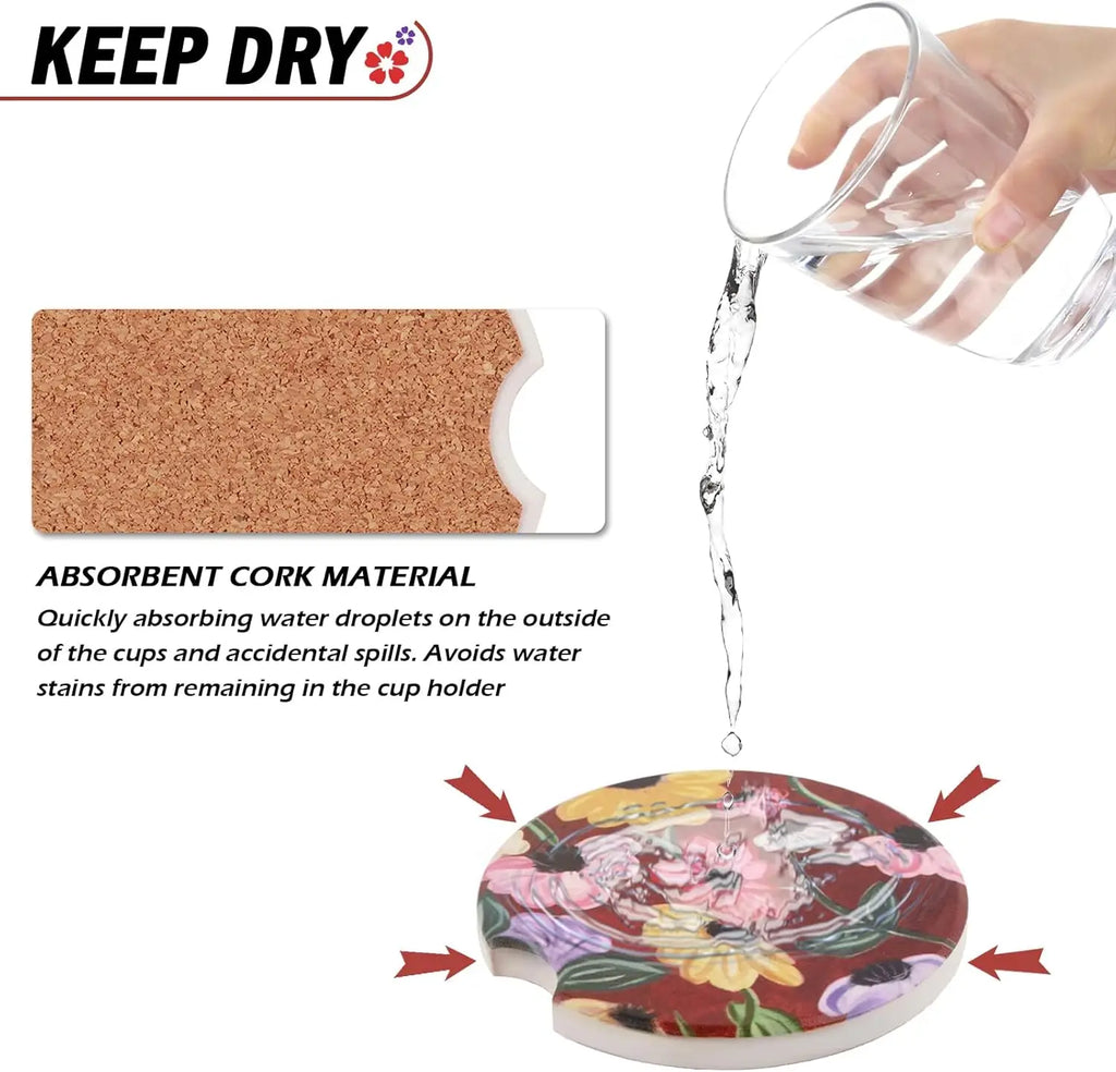 2-Pack Absorbent Ceramic Car Cup Holder Coasters – Floral Car Cup Holder Coasters HIP