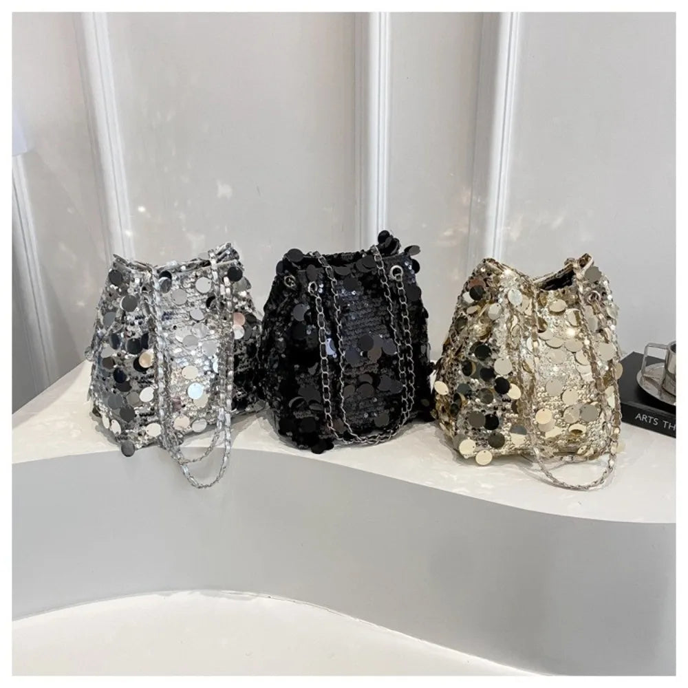 Shiny Sequin Bucket Bag – Chain Strap Crossbody | Korean Style Sequin Crossbody Bag HIP