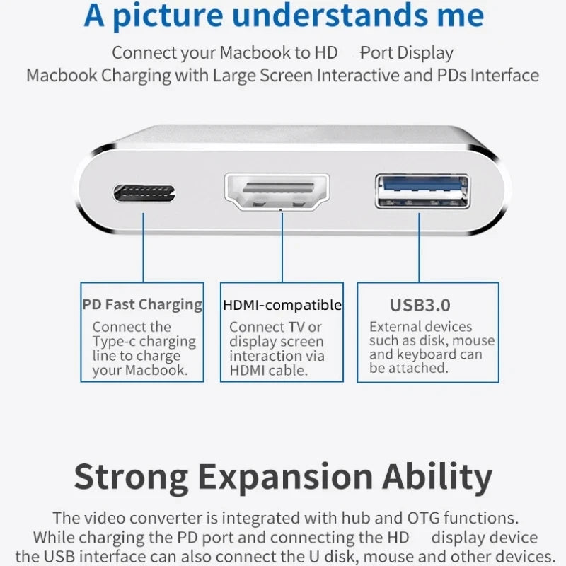 3-in-1 USB-C Hub – 4K HDMI, USB 3.0 & Charging Adapter USB-C Hub Adapter HIP