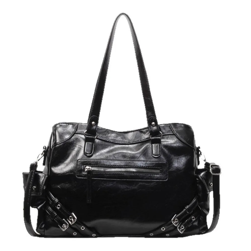 Y2K Retro Large Capacity PU Leather Tote Shoulder Bag – Women PU Leather Tote Bag HIP Black