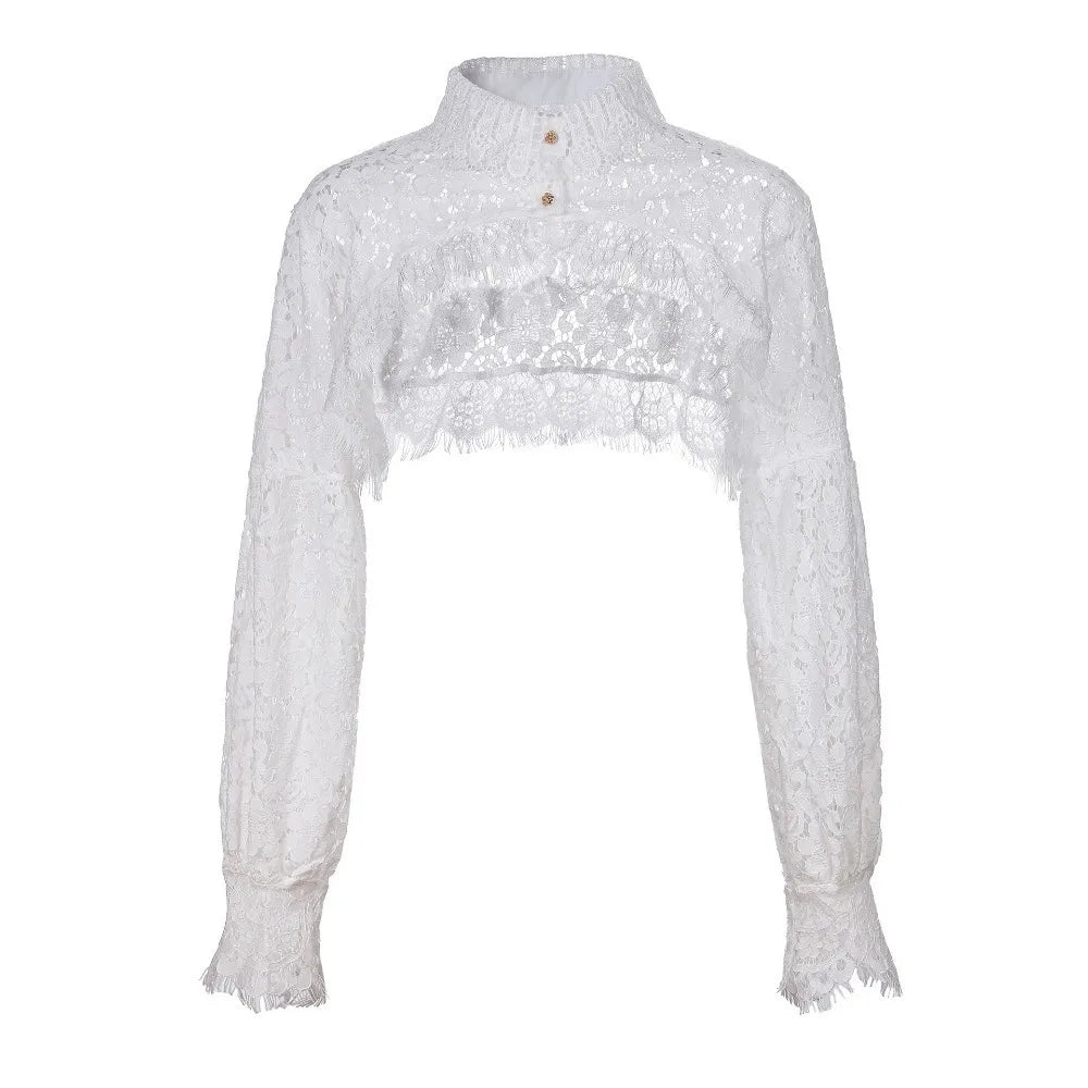 Women's Lace Chiffon Shawl & Detachable Floral Collar Lace Chiffon Shawl HIP B White
