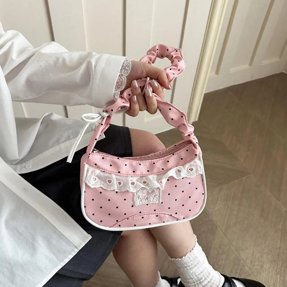 Lace Polka Dot Shoulder Bag Stretchable Strap Large Capacity Pleated Underarm Bag Polyester Multi-Color French Stick Handbag HIP
