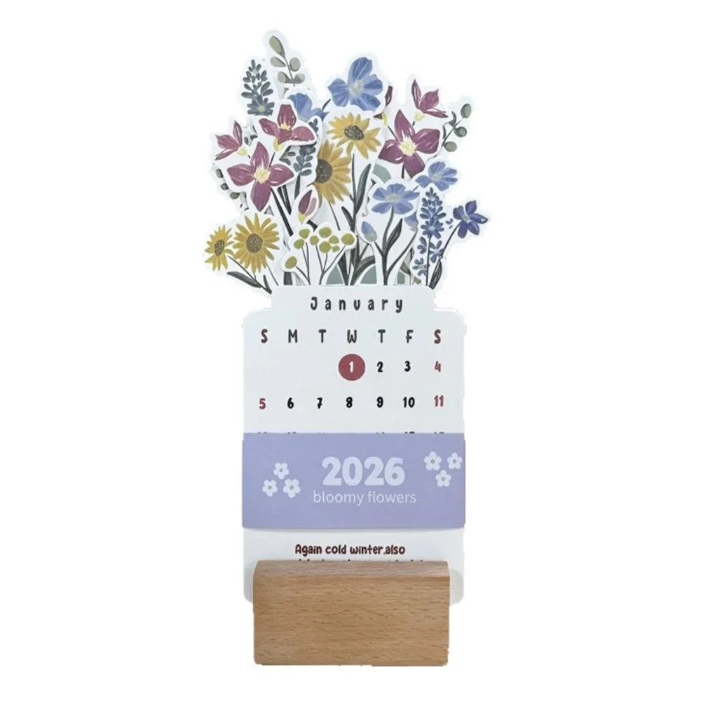 2026 Floral Vase Desk Calendar – Wooden Base Monthly Planner Desk Calendar HIP C