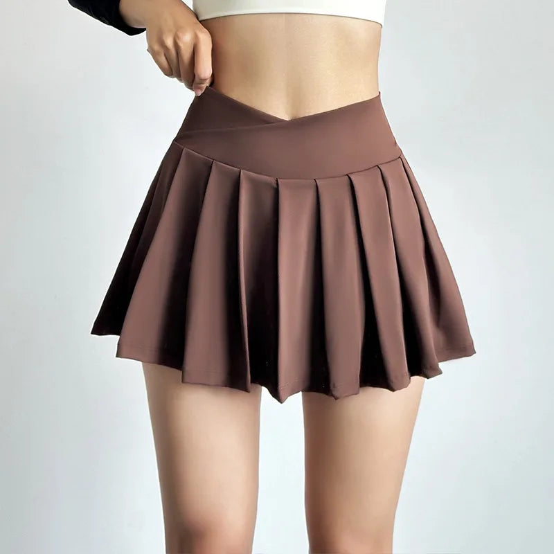 Sports short skirt women summer anti-walk yoga pants running fitness clothes quick dry breathable high waist pleated skirt HIP brown M