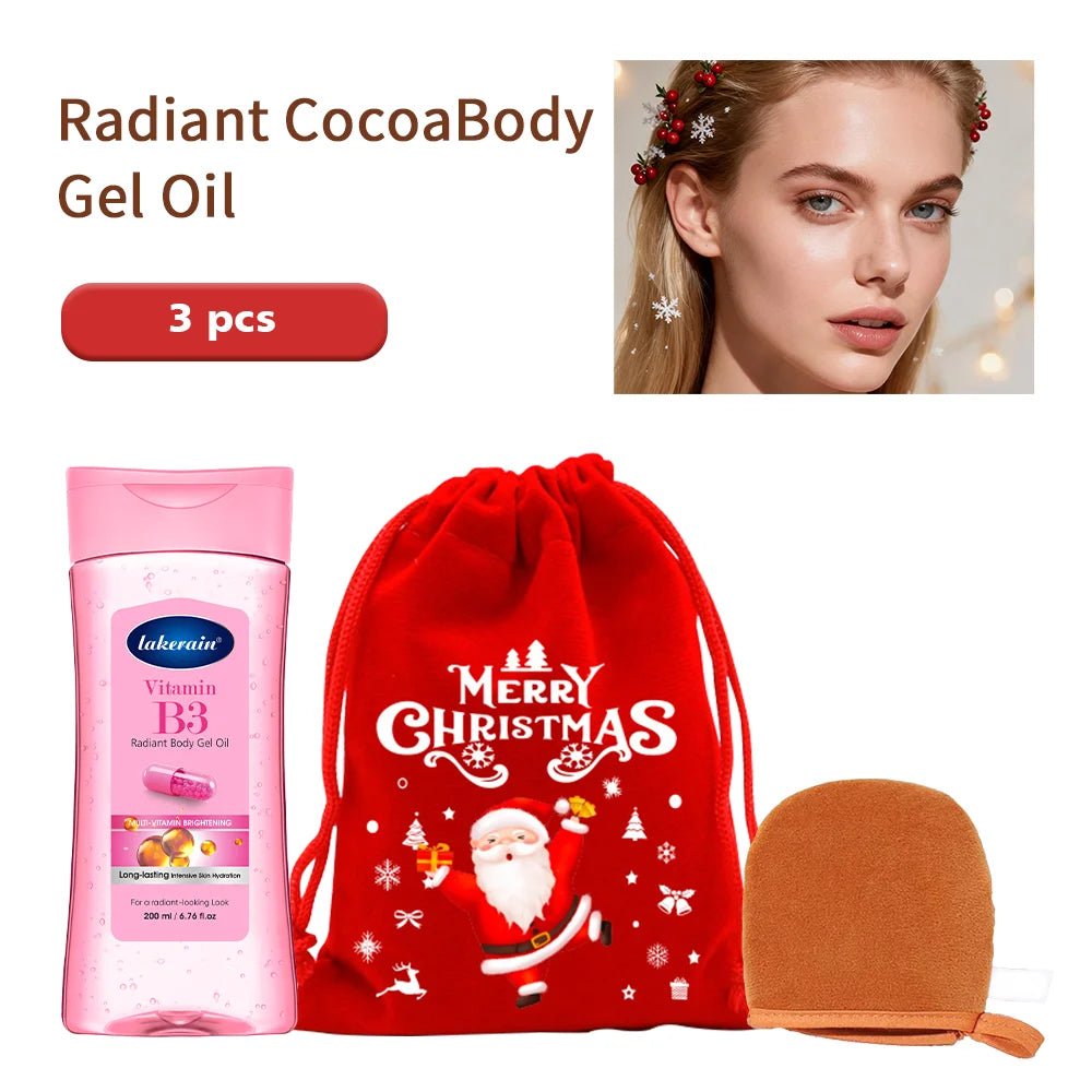 3pcs Christmas Gift Turmeric Cocoa Glow Body Gel Oil With Applicator Glove Vitamin C Vitamin B3 Moisturizing Smoothing Body Oil HIP set 4