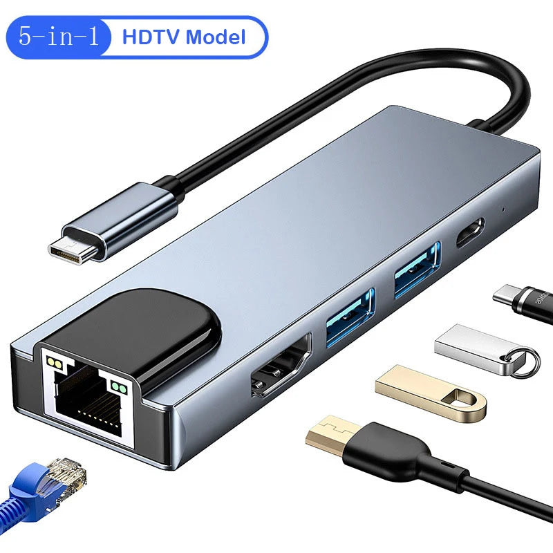 5-in-1 USB-C Hub – 4K HDMI, RJ45, SD/TF & 100W PD USB-C Hub Adapter HIP