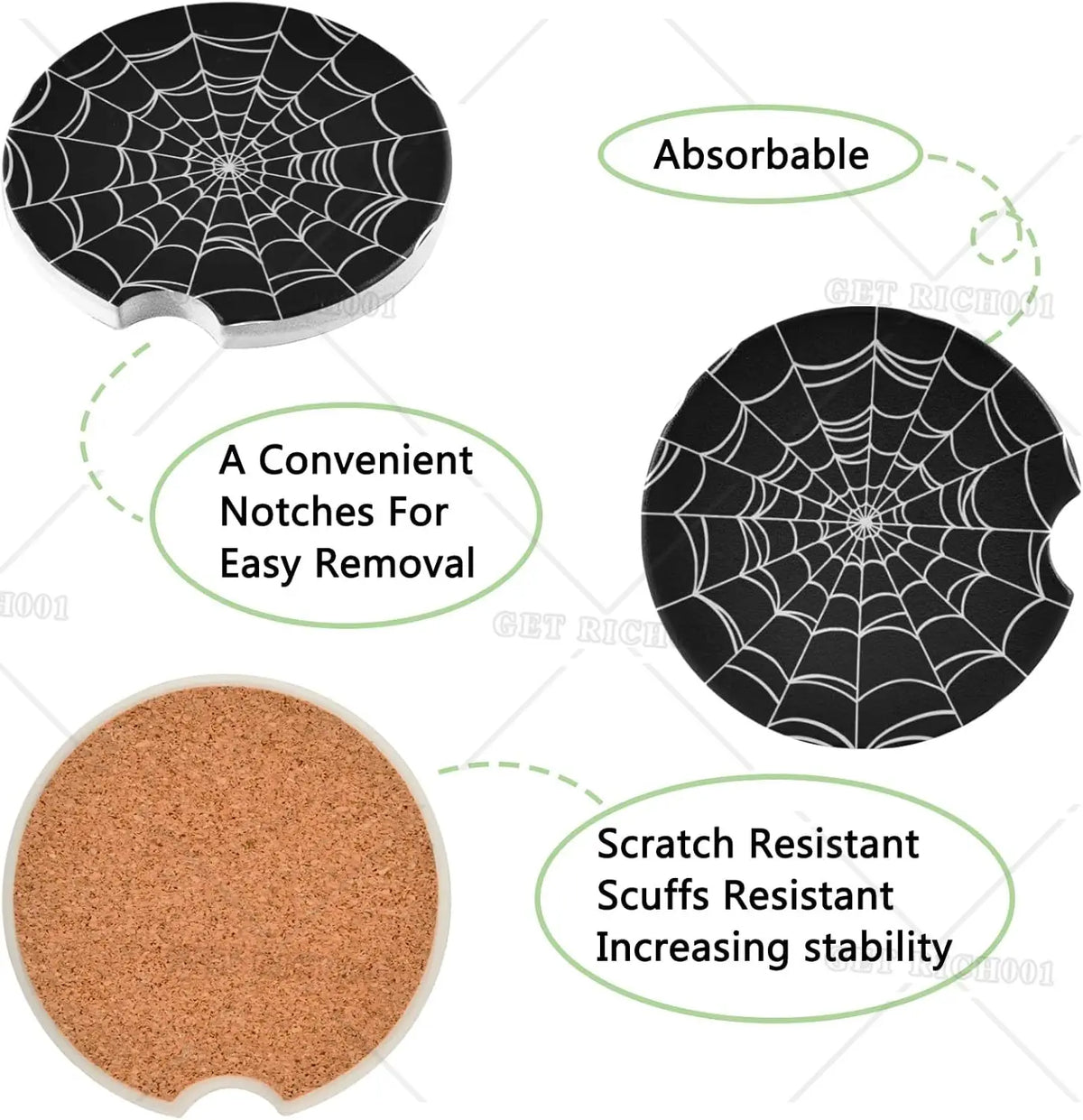 Goth Spider Web Car Coasters 2-Pack – Non-Slip & Absorbent Car Cup Coasters HIP