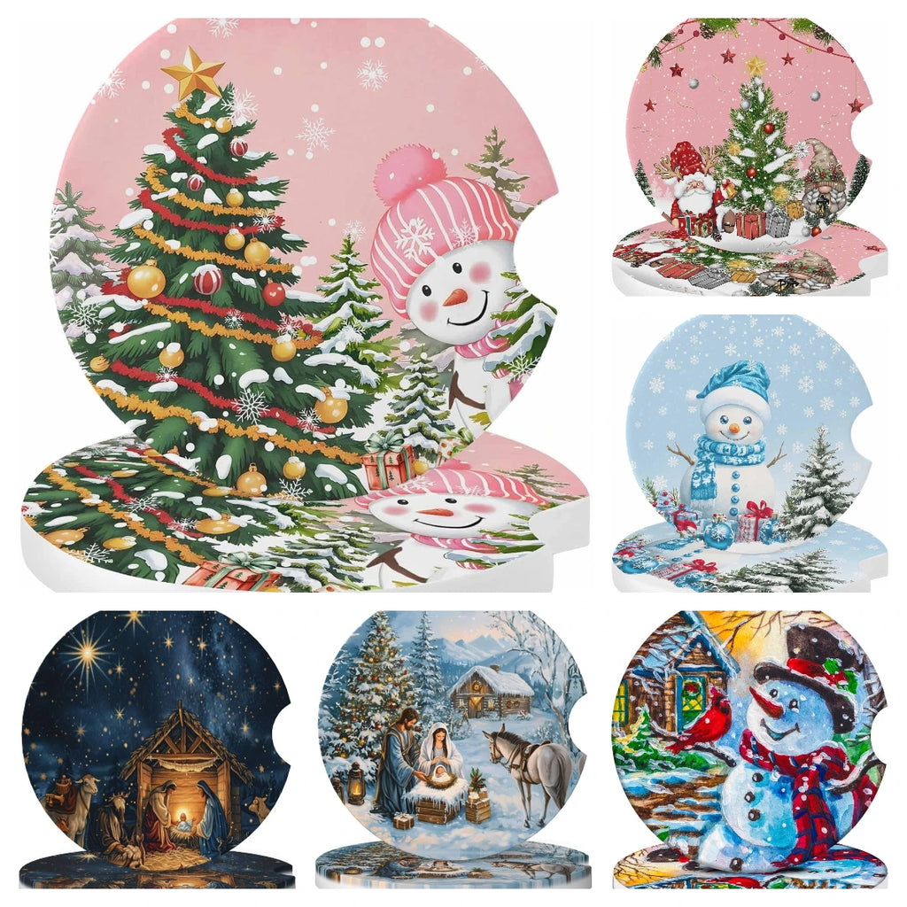 Snowman Christmas Ceramic Car Cup Holder Coasters – Set of 2 Ceramic Car Coasters HIP