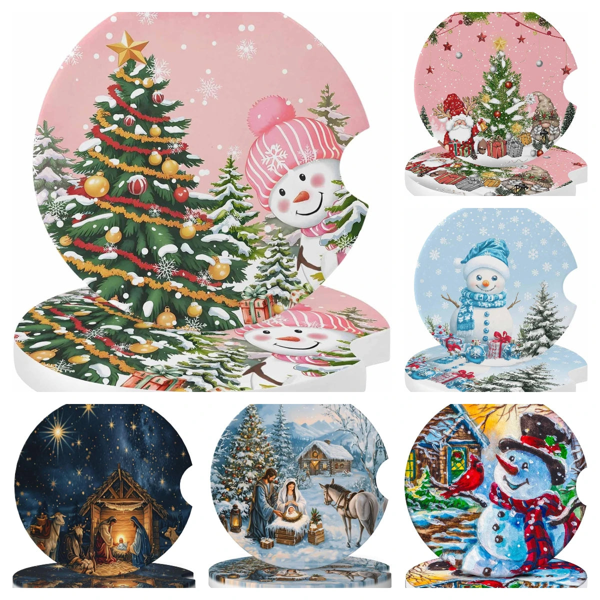 Snowman Christmas Ceramic Car Cup Holder Coasters – Set of 2 Ceramic Car Coasters HIP