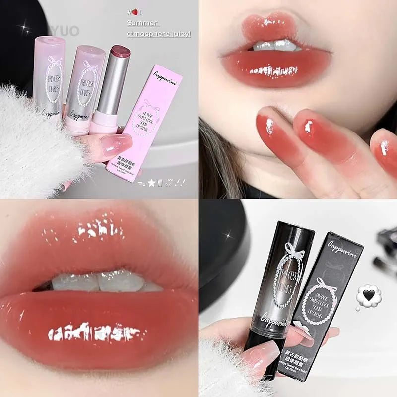 Caramel Brown Solid Lip Gloss Moisturizing Lace Bow Mirror Glass Jelly Lipstick Non Stick Cup Water Light Plump Lip Tint Makeup HIP