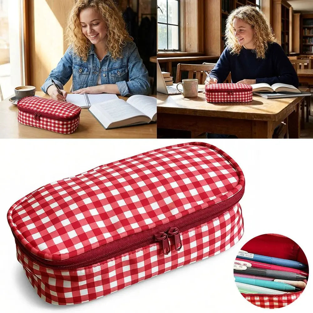 Red Plaid Pencil Case – Large Capacity Stationery Pouch Pencil Case Pouch HIP