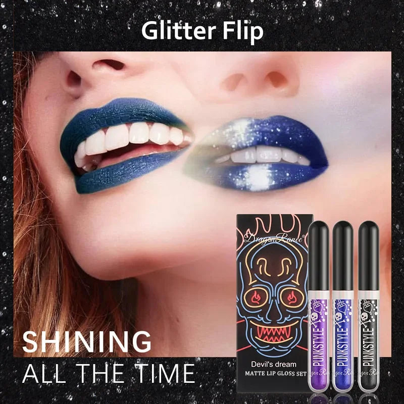 Dragon Ranee 3-Pc Glitter Lip Gloss Set – Metallic Matte Glaze Lip Gloss Set HIP