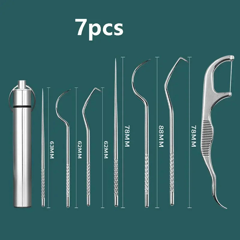 RUZOFO Reusable Stainless Steel Toothpick Set & Keychain Dental Toothpick Set HIP C625-Silver 7pcs
