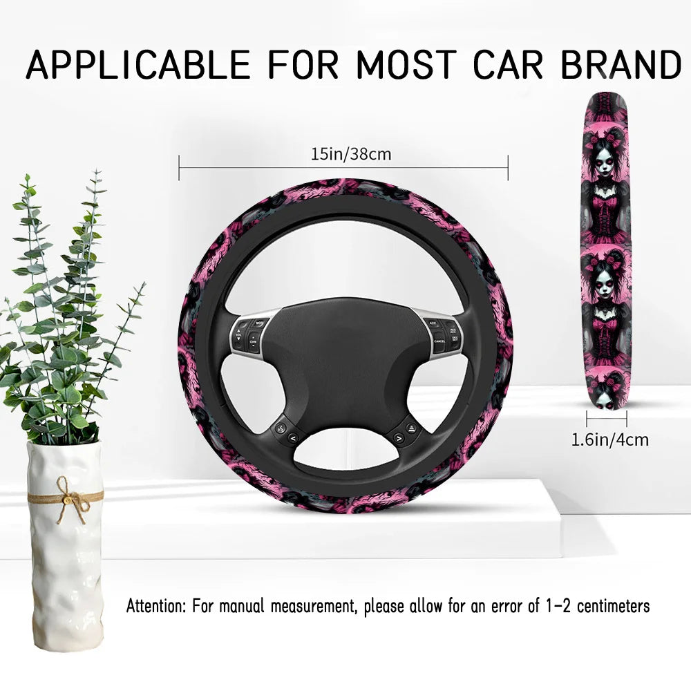 Gothic Skull & Rose Steering Wheel Cover – 15 Inch Black Steering Wheel Cover HIP