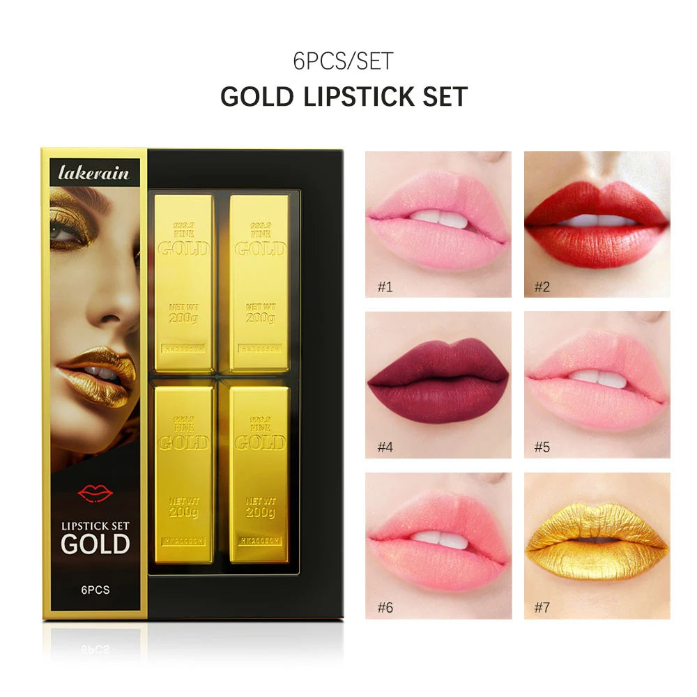 6pcs Matt Lipstick Set Gold Brick Matte Red Pink Waterproof Long Lasting Lipsticks Lip Tint Girl Lipsticks for Girls Woman Pack HIP