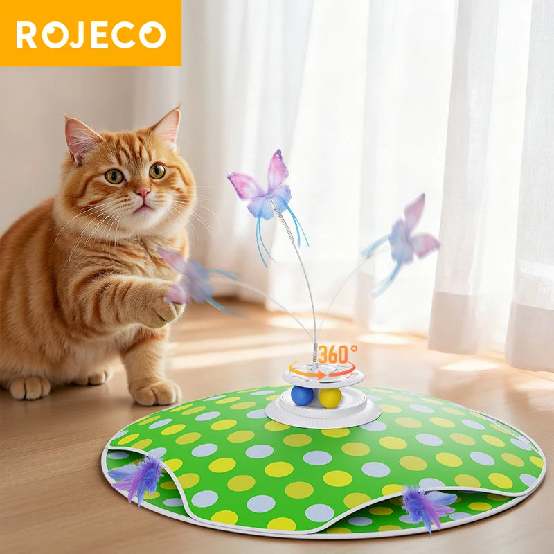 ROJECO Interactive Hide and Seek Cat Toy With Chasing Feather Fluttering Butterfly TrackBalls 3 in 1 Kitten Smart Teaser Cat Toy HIP