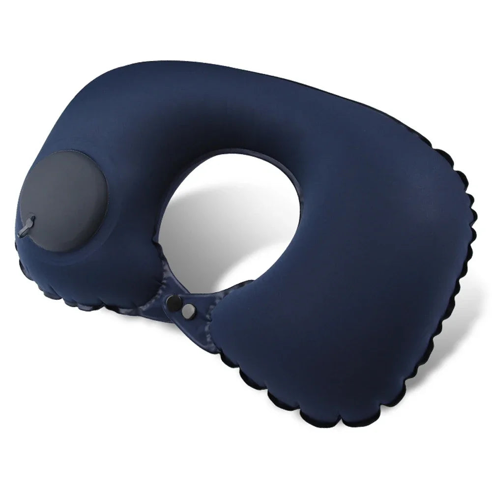 U Shape Neck Cushion Automatic Air Inflatable Pillow Compress Ring Pillow For Airplane Car Outdoor Travel Flocking Milk Fiber HIP Dark-Milk Fiber