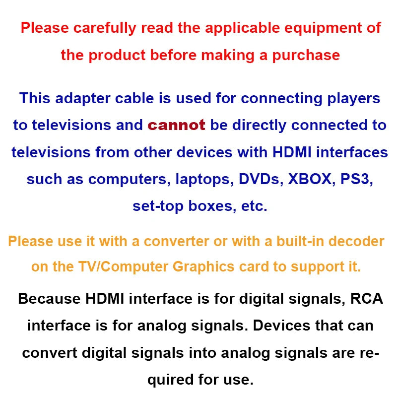 HDMI to 3RCA Cable One-Way HD Player Adapter | OULLX HDMI Adapter Cable HIP