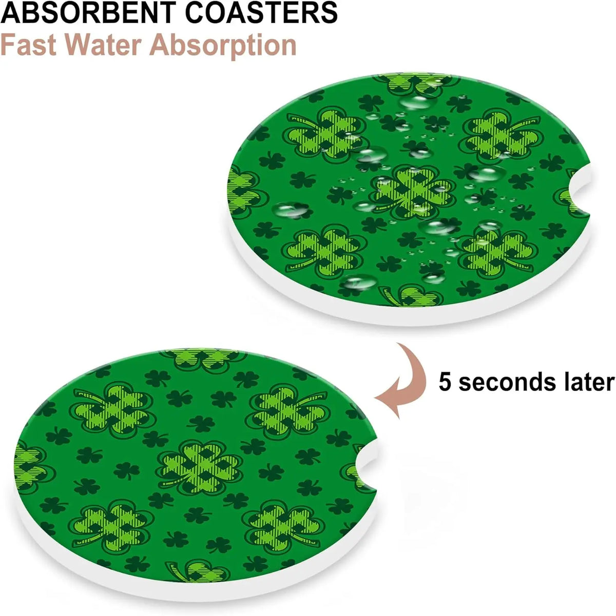 Green Plaid Clover Ceramic Car Cup Coasters – 2 Pack Car Cup Coaster HIP